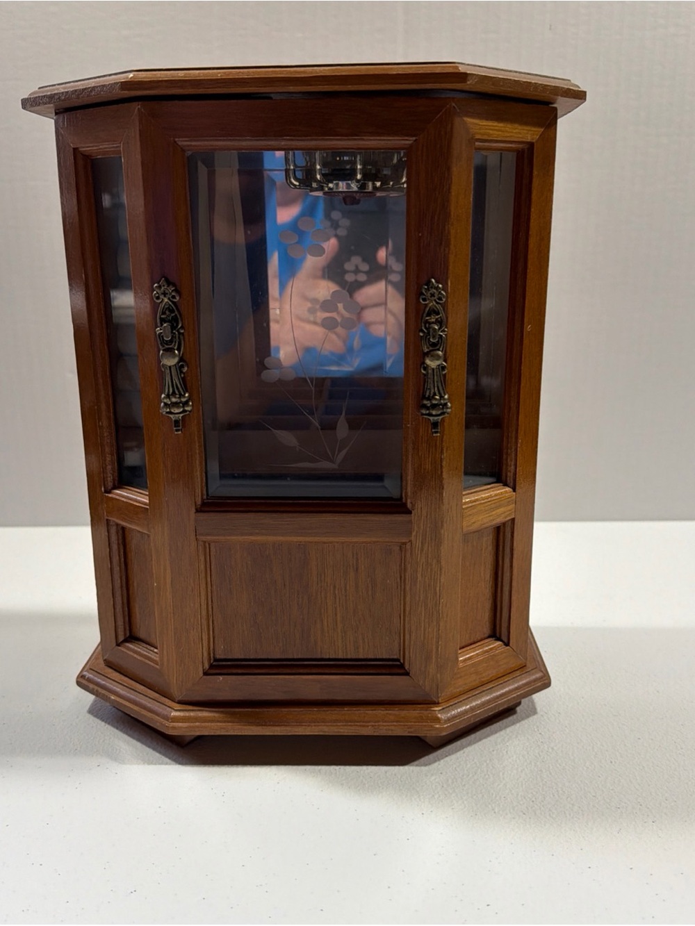 Vintage Wooden jewelry Armoire with Mirror, Drawers Revolving Necklace Display